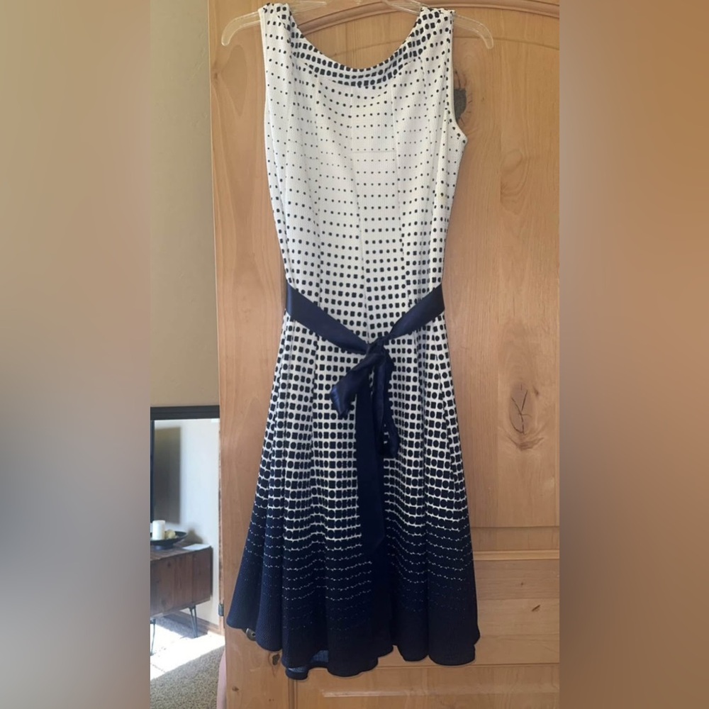 Haani Blue and White A-Line Midi Dress Scoop Neck Sleeveless